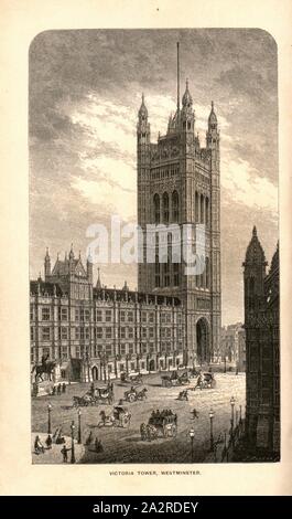 Victoria Tower, Westminster, Victoria Tower of the Palace of Westminster in London, Signed: R. Mallet del, J. Cooker sc, Fig. 1, Fig. 1, Mallet, R. (del.); Cooper, J. (sc.), 1862, James Fergusson: History of the modern styles of architecture: being a sequel to the Handbook of architecture. London: Murray, 1862 Stock Photo