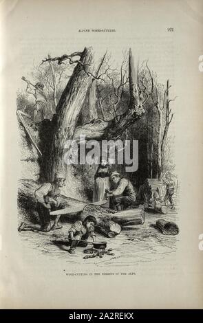 Wood-cutting in the forests of the alps, Woodcutter in the mountain forest sawing on a tree trunk, p. 221, Charles Williams, The Alps, Switzerland, and the North of Italy. London: Cassell, 1854 Stock Photo