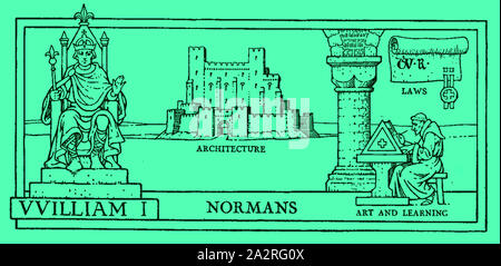 1930's illustration showing symbolic images from the History of Britain at the time of William the Conqueror - King William I - Castles - Architecture - Law Making - Art & Learning Stock Photo