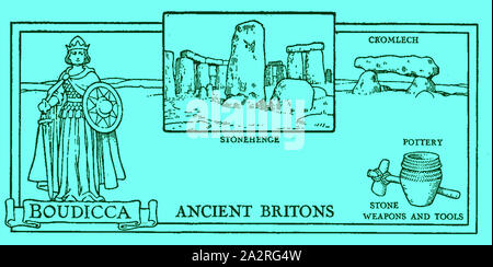 1930's illustration showing symbolic images from the History of Britain at the time of  Boudicca / Boadicea- Megaliths - Ancient Britons - Cromlechs - Stone tools - Pottery - Stonehenge Stock Photo