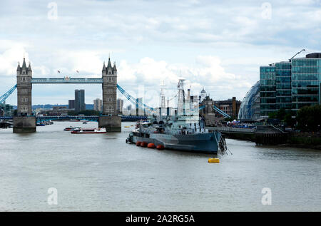 HMS. Belfast cruiser and Tower bridge in 07. September 2019. London ( UK ) Stock Photo