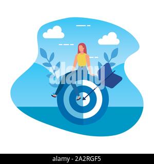 young woman with target and arrow in landscape Stock Vector