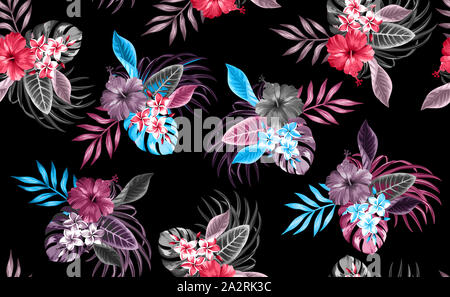 Beautiful seamless floral pattern, spring summer background with tropical flowers, palm leaves, jungle leaf, hibiscus, paradise flower. Exotic wallpap Stock Photo