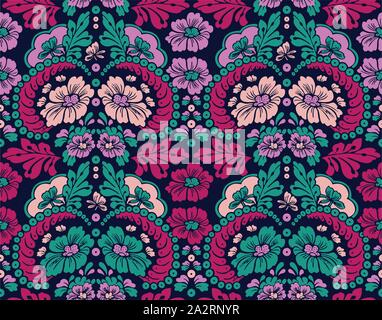 Seamless vintage floral vector pattern with leaves on dark mor background. Ready for textile prints. Stock Vector