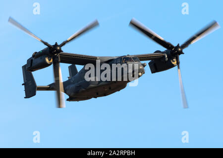 SANICOLE, BELGIUM - SEP 13, 2019: US Air Force Bell Boeing V-22 Osprey tiltrotor military aircraft performing a flyby at the Sanice Sunset Airshow. Stock Photo