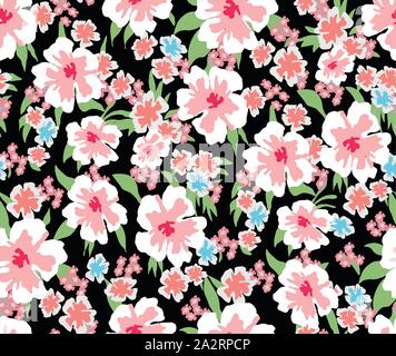 Trendy Seamless Pattern with Decorative Flowers. Repeating Design for Fabric Prints. Small Multicolor Flowers. Black background. Modern Floral Backgro Stock Vector