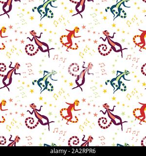 Seamless pattern with colored lemurs, musical notes and stars on white background. Vector illustration. Stock Vector