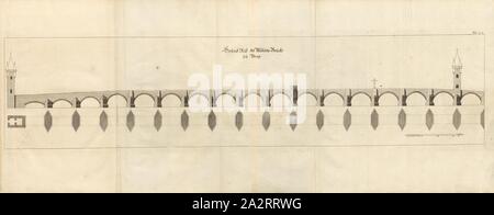 Reason crack of the hollows bridge to Prague, Floor plan and elevation of Charles Bridge in Prague (Czech Republic), Fig. 15, no. 19b, after p. 96, Breitkopf, Bernhard Christoph (ed.), 1735, Carl Christian Schramm: Historischer Schauplatz in welchem die merkwürdigsten Brücken aus allen Theilen der Welt, insonderheit aber die in den vollkommensten Stand versetzte Dresdner Elb-Brücke, in saubern Prospecten, Münzen und andern Kupferstichen, vorgestellet und beschrieben werden. Leipzig: Bey Bernhard Christoph Breitkopf, 1735 Stock Photo