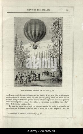 We descended slowly near a coppice, Hot Air Balloons of the Académie de Dijon on April 25, 1784 with Louis Bernard Guyton de Morveau and Charles André Hector Grossart de Virly, Signed: Allouis, Fig. 28, p. 129, Tissandier, Albert (dess.); Allouis (sc.), 1876, Alfred Sircos; Th. Pallier: Histoire des ballons et des ascensions célèbres avec une préface de Nadar: dessins de A. Tissandier [...]. Paris: F. Roy, 1876 Stock Photo