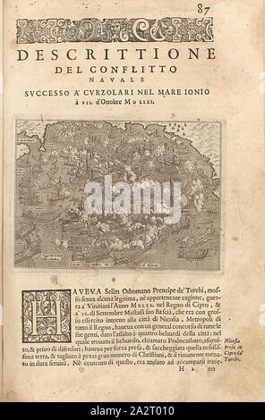 Successful naval conflict with the Curzolari in the Ionian Sea à VII. of October M D LXXI., Map of the Battle of Lepanto on October 7, 1571 in the Ionian Sea, Fig. 20, p. 87, Porro, Girolamo (ill.), 1575, Thomaso Porcacchi, Girolamo Porro: L' isole piu famose del mondo. Il secondo libro. In Venetia: apresso gli Heredi di Simon Galignani, 1590 Stock Photo