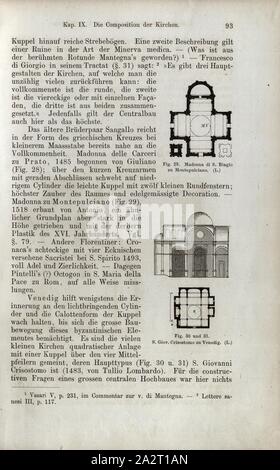 Madonna of S. Biagio zu Montepulciano; S. Giov. Chrysostom for you Venedig, Floor plan of the church of Madonna di San Biagio near Montepulciano; Cross-section and plan of the church of San Giovanni Crisostomo in Venice, Fig. 29, 30, 31, p. 93, 1867, Jacob Burckhardt; Wilhelm Lübke: Geschichte der neueren Baukunst. Stuttgart: Verlag von Ebner & Seubert, 1867 Stock Photo