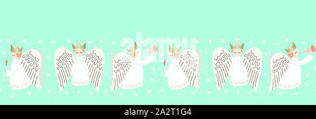 Whimsical Christmas Holiday Scandinavian Style Angels, Snowflakes and Stars on Aqua Background Vector Seamless Horizontal Border Pattern. Minimal Nord Stock Vector
