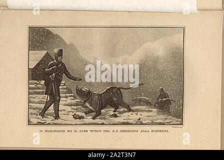 The Maroniere and the Turkish dog of G. S. Bernardo to the discovery, St. Bernard avalanche dogs and soldiers in the snow, Grosser Sankt Bernhard, plate 4, after p. 88, Citterio, F. (inc.), 1838, Giacinto Amati, Peregrinazione al Gran San Bernardo, Losanna, Friburgo, Ginevra. Con una corsa Lione, Parigi e Londra. Milano: Paolo Ripamonti Carpano, 1838 Stock Photo