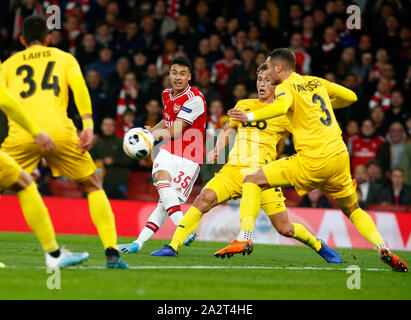 London, UK. 03rd Oct, 2019. LONDON, United Kingdom, OCTOBER 03 Gabriel Martinelli of Arsenal scores his 2nd Goal during Europa League Group F between Arsenal and Standard Liege at Emirates stadium, London, England on 03 October 2019. Credit: Action Foto Sport/Alamy Live News Stock Photo