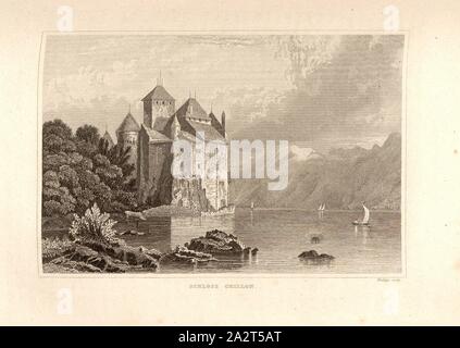 Schloss Chillon, View of Chillon Castle and Lake Geneva, after p. 218, p. 343, Müller, Adolph (gezeichnet); Winkles, Henry (gestochen), 1858, Heinrich Zschokke: Die Schweiz in ihren klassischen Stellen und Hauptorten; mit 72 Originalansichten, gezeichnet von Adolph Müller, gestochen von Henry Winkles und den besten englischen Künstlern. Zweite durchgesehene und ergänzte Auflage. Stuttgart: Gebrüder Scheitlin; St. Gallen: Scheitlin & Zollikofer, 1858 Stock Photo