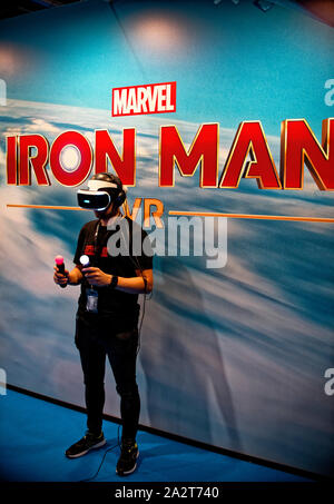 IFEMA, Madrid, Spain. 03th October, 2019. Marvel's Iron Man VR game for PlayStation at the Madrid Games Week / Video game fair, in Madrid. EnriquePSans/Alamy Live News Stock Photo