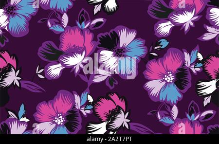Beautiful floral pattern with leaves on dark violet background. Seamless vintage style.  Vector design for fabric, wallpaper, wrapping paper. Patch fo Stock Vector