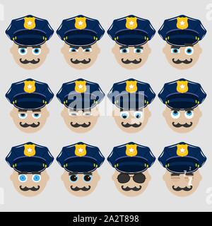 Set of cute policeman emoticons. Vector illustration. Stock Vector
