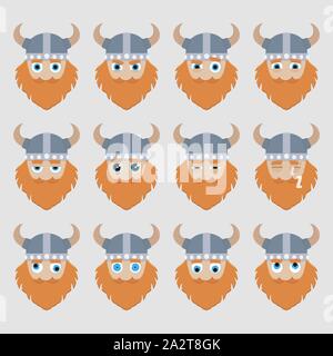 Set of cute viking emoticons. Vector illustration. Stock Vector