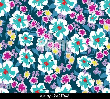 Trendy Seamless Pattern with Decorative Flowers. Repeating Design for Fabric Prints. Small Multicolor Flowers. Blue Background. Modern Floral Backgrou Stock Vector