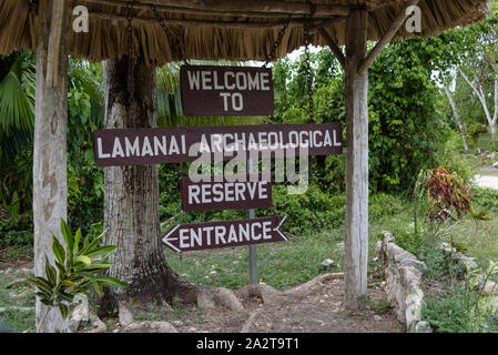 Lamanai, Belize - May 21, 2017. Entrance sign of Lamanai Archaeological Reserve, Belize Stock Photo