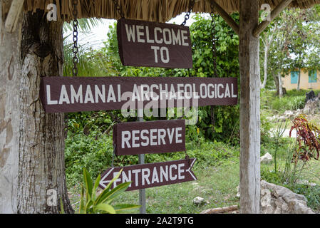 Lamanai, Belize - May 21, 2017. Entrance sign of Lamanai Archaeological Reserve, Belize Stock Photo
