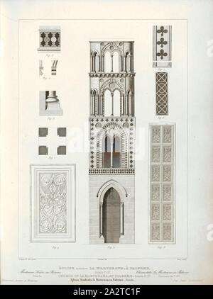 Church named Martorana, in Palermo. Sicily. Details Pl. II., Tower of the Church of Santa Maria dell'Ammiraglio in Palermo, signed: d'après Mr. Alb., Lenoir, Jourdan del, Bury sculp, Pl., 21, Lenoir, Albert (inv.); Jourdan, Jean Marie (del. d'après Albert Lenoir); Bury, Jean Baptiste Marie (sc.), 1853, Jules Gailhabaud: Monuments anciens et modernes: collection formant une histoire de l'architecture des différents peuples à toutes les époques. Paris: Librairie de Firmin Didot frères, 1853 Stock Photo