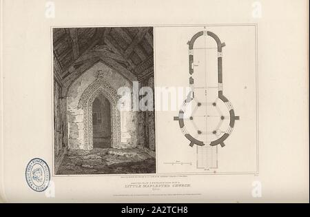 Ground-plan and entrance doorway to Little Maplestead Church, Essex, Plan and Door to St. John the Baptist Church at Little Maplestead in Essex, signed: Engraved by John Roffe, of Drawings by J.C. Smith, Fig. 26, Pl. I, according to p. 16, Smith, J. C. (Drawing); Roffe, John (engr.), 1807, John Britton: The architectural antiquities of Great Britain: represented and illustrated in a series of views, elevations, plans, sections and details of various ancient English edifices: with historical and descriptive accounts of each. Bd. 1. London: J. Taylor, 1807-1826 Stock Photo