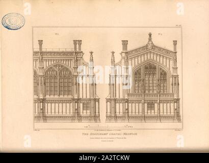 The Beauchamp Chapel: Warwick, Elevation of Beauchamp Chapel, Collegiate Church of St Mary, Warwick, signed: C. Wild del, H. Le Keux, sc., Published by Longman & Co, Fig. 7, Pl. III, after p. 16, Wild, C. (del.); Keux, John Henry Le (sc.); Longman & Co. (published), 1812, John Britton: The architectural antiquities of Great Britain: represented and illustrated in a series of views, elevations, plans, sections and details of various ancient English edifices: with historical and descriptive accounts of each. Bd. 4. London: J. Taylor, 1807-1826 Stock Photo