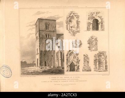Towers of two churches in Lincolnshire, A: Tower of St. Peter's Church, Barton upon Humber, Lincolnshire, B: Parts of the Tower of Barneck Church, Lincolnshire, signed: Tower drawn by A. Pugin, parts by J. Britton, Engraved by R. Sands; Published by Longman & Co, Fig. 5, after p. 260, Pugin, Augustus Charles (drawing); Britton, John (drawing); Sands, Robert (engraving); Longman & Co. (published), 1819, John Britton: The architectural antiquities of Great Britain: represented and illustrated in a series of views, elevations, plans, sections and details of various ancient English edifices: with Stock Photo