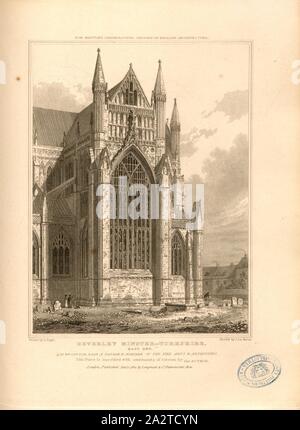 Beverley Minster, Yorkshire, east end, Beverley Minster at Beverley, East Riding of Yorkshire, signed: Drawn by A. Pugin; Etch'd by I. Le Keux; Published by Longman & Co, Fig. 45, p. 260, Pugin, Augustus Charles (drawing); Keux, John Le (etching); Longman & Co. (published), 1821, John Britton: The architectural antiquities of Great Britain: represented and illustrated in a series of views, elevations, plans, sections and details of various ancient English edifices: with historical and descriptive accounts of each. Bd. 5. London: J. Taylor, 1807-1826 Stock Photo