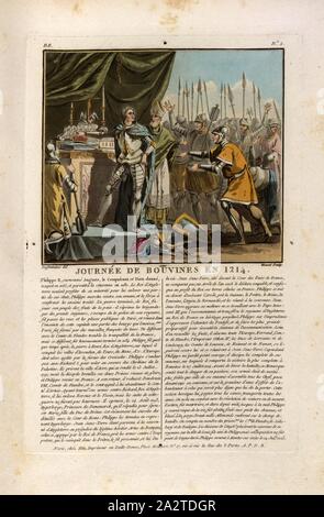 Bouvines Day in 1214, King Philip II August at the Battle of Bouvines 1214, signed: Desfontaines (del.); Moret (sculp.), BB no. 2, Swebach-Desfontaines, Jacques François Joseph (del.); Morret, Jean-Baptiste (sc.), Antoine François Sergent-Marceau: Portraits des grands hommes, femmes illustres et sujets mémorables de France: gravés et imprimés en couleurs. Dédié au Roi. Bd. 1. Paris: chez Blin, Imprimeur en Taille-Douce, [1786-1792 Stock Photo