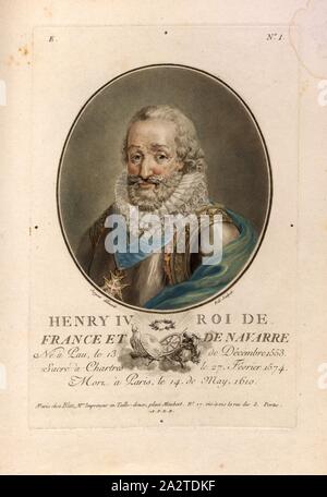 Henry IV. King of France and Navarre, Henry IV, King of Navarre and France, signed: Sergent (delinavit); Ridé (sculpsite); chez Blin, E no. 1, Sergent, Antoine Louis François (delinavit); Ridé (sculpsit); Blin (chez), Antoine François Sergent-Marceau: Portraits des grands hommes, femmes illustres et sujets mémorables de France: gravés et imprimés en couleurs. Dédié au Roi. Bd. 1. Paris: chez Blin, Imprimeur en Taille-Douce, [1786-1792 Stock Photo