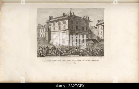 The people delivering the French guards to St. Germain Abbey on June 30, 1789, Abbey of Saint-Germain-des-Prés on June 30, 1789, signed: Prieur inv. Et del, Berthault sculp, Fig. 12, no. 2, to p. 7 (Second tableau), Prieur, Jean-Louis (inv. et del.); Berthault, Pierre-Gabriel (sc.), Collection complète des tableaux historiques de la Révolution française en trois volumes [...]. Bd. 1. A Paris: chez Auber, Editeur, et seul Propriétaire: de l'Imprimerie de Pierre Didot l'aîné, an XI de la République Francçaise M. DCCCII Stock Photo