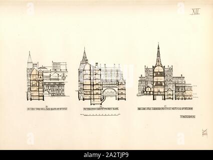 A Section from Carey Street through Offices to the North of Central Hall, B through Bell Yard block of Offices and through Courts at west end of Building, Cross sections through the Royal Courts of Justice building in London as planned by Alfred Waterhouse, Taf. XII, after p. 24, Alfred Waterhouse: General description of design: courts of justice competition. London: printed by George E. Eyre and William Spottiswoode: Her Majesty's Stationery Office, 1867 Stock Photo