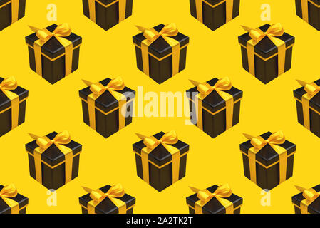 Pattern with lot of black gift boxes on yellow background. Stock Photo