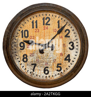 Isolated objects: old round wall clock, shabby and rusty, on white background