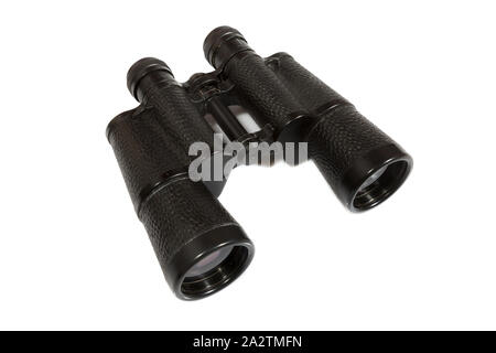 Black binoculars on white background. Stock Photo