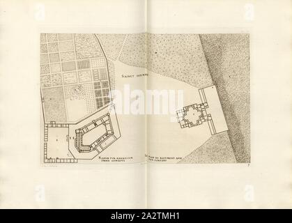 Sainct Germain. The plan of the bastiment with its contents, Ground plan of Chateau-Neuf de Saint-Germain-en-Laye and Château de Saint-Germain-en-Laye (Château-Vieux) in France, Signed: FD; Imp. Lemercier; A. Levy, Fig. 38, T. 1. 37., Cerceau, Jacques Androuet du (del.); Faure-Dujarric, Pierre-Lucien (sc.); Imprimerie Lemercier (imp.); Levy, A. (ed.), 1868, Jacques Androuet du Cerceau; Hippolyte A. Destailleur: Les plus excellents bastiments de France. Paris: A. Lévy, Libraire-Editeur, M DCCC LXVIII - M DCCC LXX. [1868-1870 Stock Photo