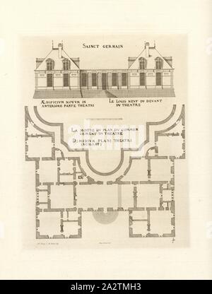 Sainct Germain. The new home of the front of the theater and Half of the plan of the beginning of the theater, Detail of the floor plan and elevation of the Chateau-Neuf de Saint-Germain-en-Laye in France, Signed: FD; Imp. Lemercier; A. Levy, Fig. 40, Cerceau, Jacques Androuet du (del.); Faure-Dujarric, Pierre-Lucien (sc.); Imprimerie Lemercier (imp.); Levy, A. (ed.), 1868, Jacques Androuet du Cerceau; Hippolyte A. Destailleur: Les plus excellents bastiments de France. Paris: A. Lévy, Libraire-Editeur, M DCCC LXVIII - M DCCC LXX. [1868-1870 Stock Photo