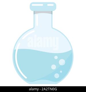 Blue glass flask with chemical liquid flat design vector icon isolated on white background. Stock Vector