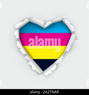 Torn paper heart with cmyk print colors.   Illustration of a hole in paper in the shape of heart. Concept for presenting color printing. Stock Vector