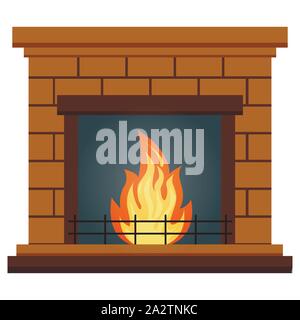 Flat design brick fireplace icon isolated on white background Vector illustration in cartoon style. Stock Vector