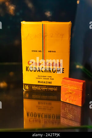 OSLO, NORWAY - Kodachrome movie film box, part of Kon-Tiki exhibit at museum, Oslo waterfront. Stock Photo