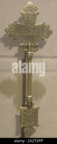 hand-held processional Christian cross, unidentified people, 1870-1930, brass, 10 x 3-3/4 x 3/8 in., Ethiopian, African Art Stock Photo