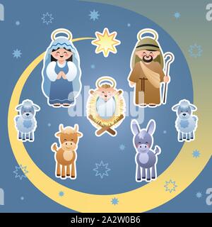 Christmas Nativity Scene. The Holy Family, Star of Bethlehem, Donkey, Bull and Sheeps. Cute cartoon characters. Vector illustration. Stock Vector