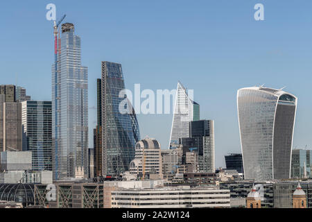 Skylline of the City of London with bright blue sky taken from the 10th Floor Viewing Gallery of he Tate Modern museum Stock Photo