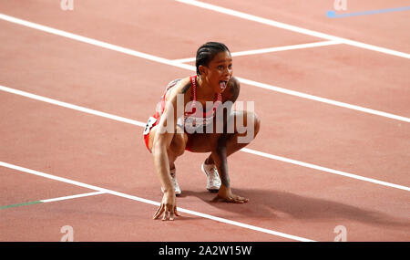 Bahrain's Salwa Eid Naser celebrates winning gold in the Women's 400m during day seven of the IAAF World Championships at The Khalifa International Stadium, Doha, Qatar. Stock Photo