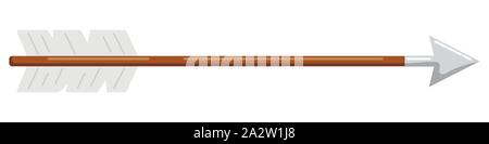 Bow wooden arrow with white plumage and steel tip icon flat design vector illustration isolated on white background. Stock Vector