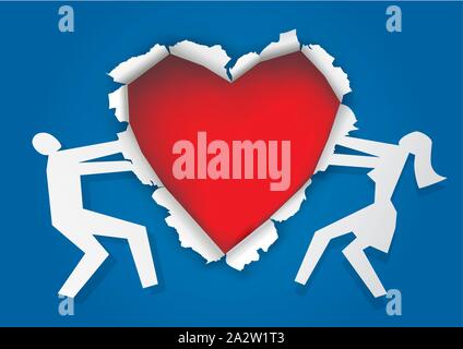 Couple ripped hole in paper in the shape of heart.  Illustration of male and female papper silhouettes and red torn paper heart. Vector available. Stock Vector